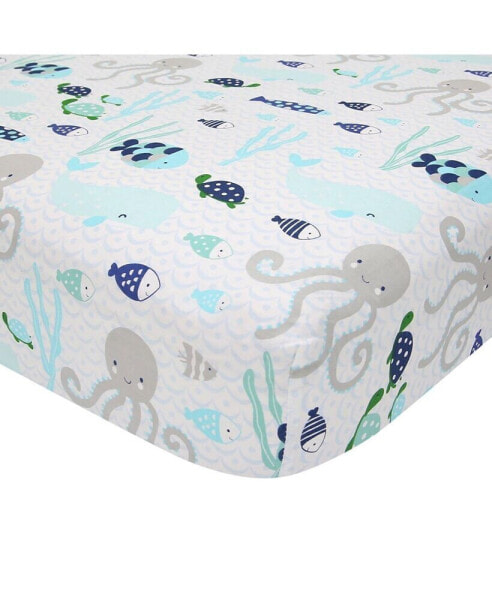 Oceania 100% Cotton Blue/Gray/White Whale with Octopus and Fish Nautical Ocean Theme Fitted Crib Sheet