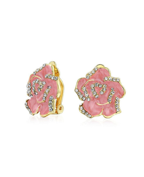 Set of 2 Red Pink Enamel Flower Crystal Edge Spring Retro Floral Rose Clip On Earrings For Women Non Pierced Ears 14K Gold Plated