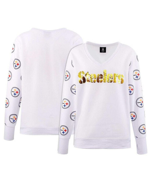 Women's White Pittsburgh Steelers Sequin Fleece V-Neck T-shirt