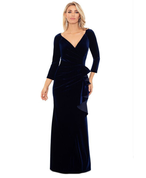 Petite Ruffled Long-Sleeve Velvet Gown