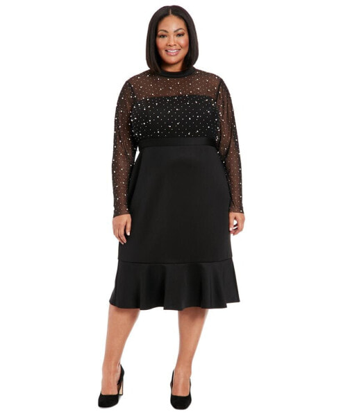 Plus Size Beaded Illusion Mock-Neck Midi Dress