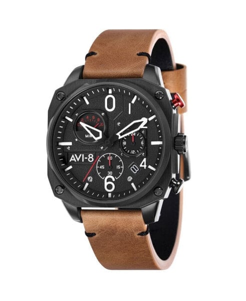 Men's Hawker Hunter Chronograph Retrograde Edition Brown Genuine Leather Strap Watch 45mm