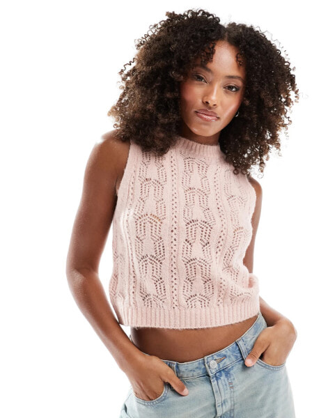 ASOS DESIGN fluffy knit tank top with pointelle stitch in pink