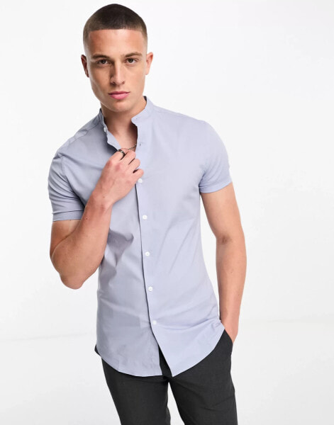 ASOS DESIGN skinny fit shirt with grandad collar in cornflower blue