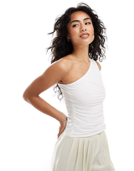 ASOS DESIGN slinky gathered channel one shoulder top in ivory