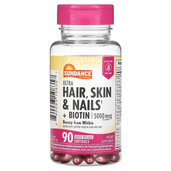 Витамины для здоровья волос, кожи и ногтей Sundance Vitamins Ultra Hair, Skin & Nails + Biotin, 90 быстрорастворимых капсул