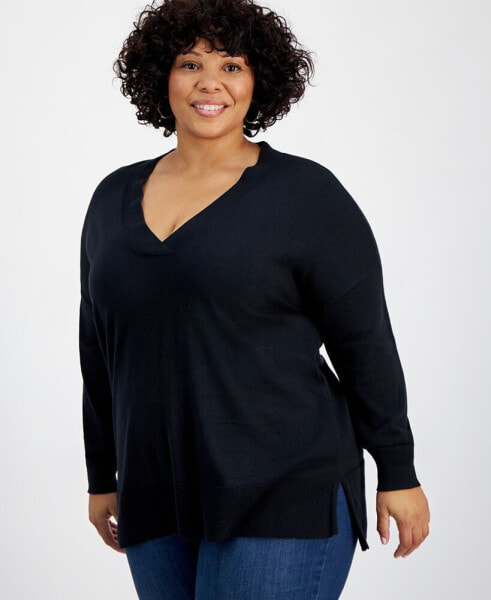 Plus Size V-Neck Step Hem Sweater, Created for Macy's