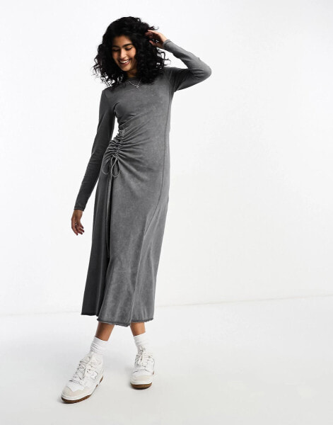 ASOS DESIGN long sleeve washed maxi dress with ruched side in washed charcoal