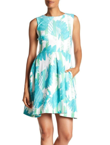 Taylor 155628 Women's Sleeveless Palm Print Pleated Dress Seafoam Sz. 10