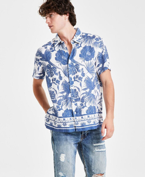 Men's Island Tropical Botanical-Print Button-Down Linen Shirt