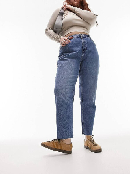 Topshop Curve Straight jeans with raw hem in mid blue 