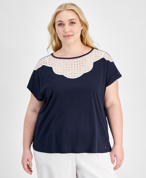 Plus Size Lace-Bib Extended-Sleeve Top
