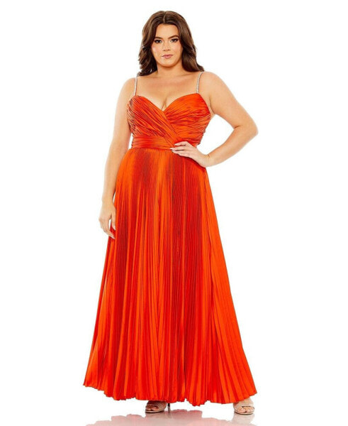 Women's Plus Size Rhinestone Strapped Embellished Pleated Gown