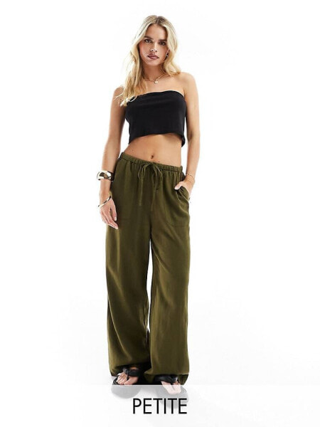 Nobody's Child Petite Shona linen blend wide leg trousers in khaki