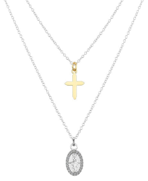 Crystal Virgin Mary and 14K Gold Plated Cross Necklace Set