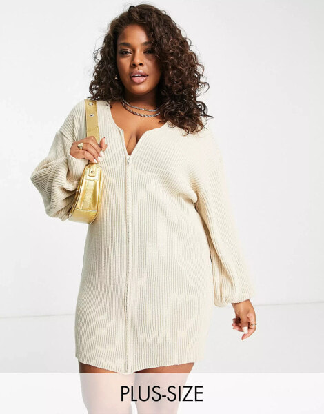 In The Style Plus exclusive zip detail volume sleeve mini dress in oatmeal