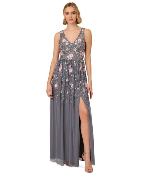 Women's Floral Embellished V-Neck Gown