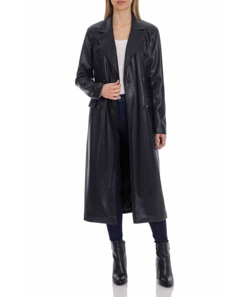 Women's Double-Breasted Belted Faux-Leather Coat