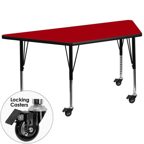 Mobile 29.5''W X 57.25''L Trapezoid Red Thermal Laminate Activity Table - Height Adjustable Short Legs