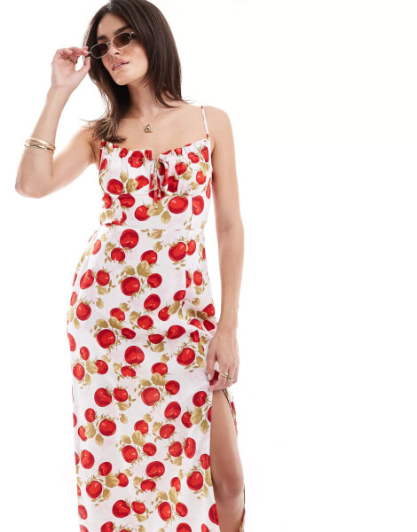 Miss Selfridge corset detail strappy maxi slip dress in fruit print