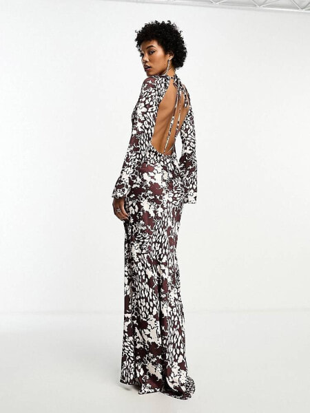 Day 6 flared sleeve low back maxi dress in chocolate animal print