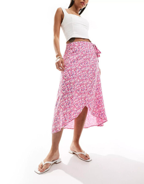 Pieces wrap midi skirt in pink floral