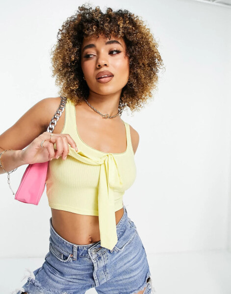 Heartbreak ribbed tie front crop top co-ord in lemon