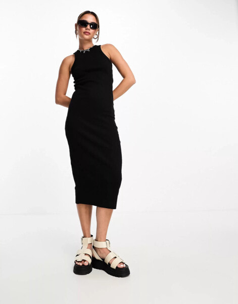 JJXX ribbed racer neck midaxi dress in black