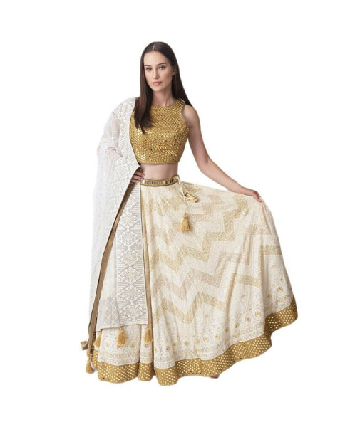 Women's Off White Chikankari Embroidery Lehenga Choli with Mirror and Sequins Detail