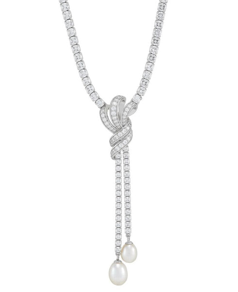 Freshwater Pearl (9x7mm & 8x6mm) Cubic Zirconia Knotted 17" Lariat Necklace in Sterling Silver