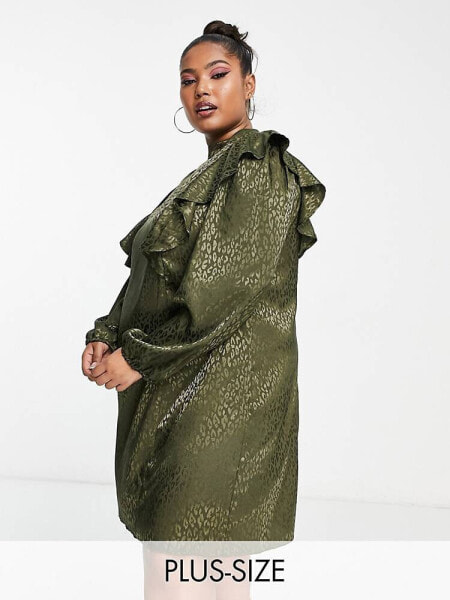 River Island Plus satin jacquard mini dress in green