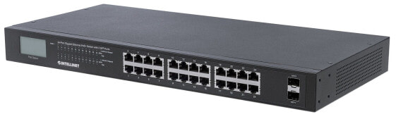 Intellinet 24-Port Gigabit Ethernet PoE+ Switch with 2 SFP Ports - LCD Display - IEEE 802.3at/af Power over Ethernet (PoE+/PoE) Compliant - 370 W - Endspan - 19" Rackmount (Euro 2-pin plug) - Unmanaged - Gigabit Ethernet (10/100/1000) - Full duplex - Power over Ethe
