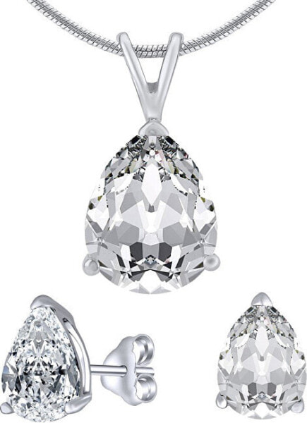 Silver jewelry set with clear crystal glass JJJS8888 (earrings, pendant)