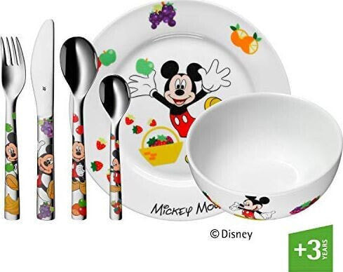 WMF Zastawa stołowa dla dzieci WMF Disney Mickey Mouse ze sztućcami dla dzieci, 6 sztuk, od 3 lat, polerowana stal nierdzewna Cromargan, można myć w zmywarce, kolor i bezpieczna dla żywności