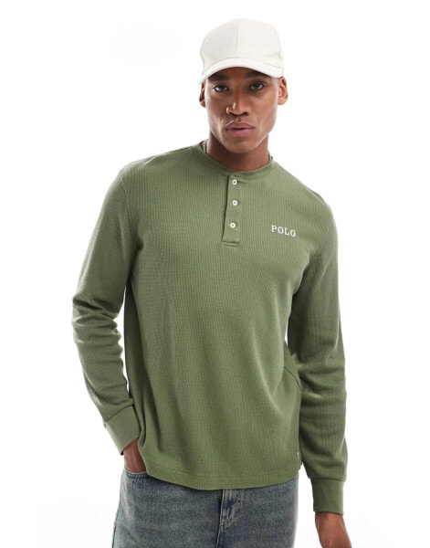 Polo Ralph Lauren lounge henley waffle long sleeve t-shirt in olive green