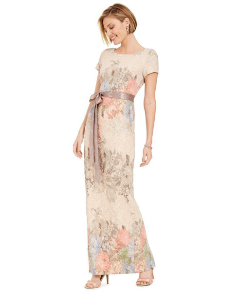 Women's Floral-Print Short Sleeve Column Gown