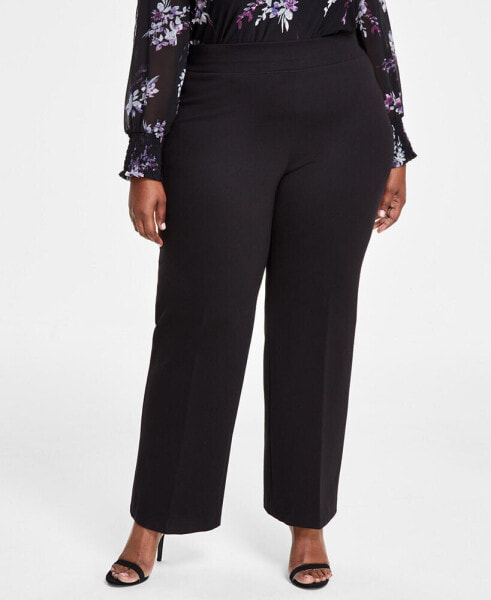 Plus Size Compression Pull-On Wide-Leg Trousers