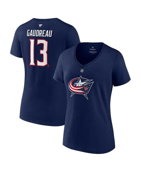 Women's Johnny Gaudreau Navy Columbus Blue Jackets Authentic Stack Name and Number V-Neck T-shirt