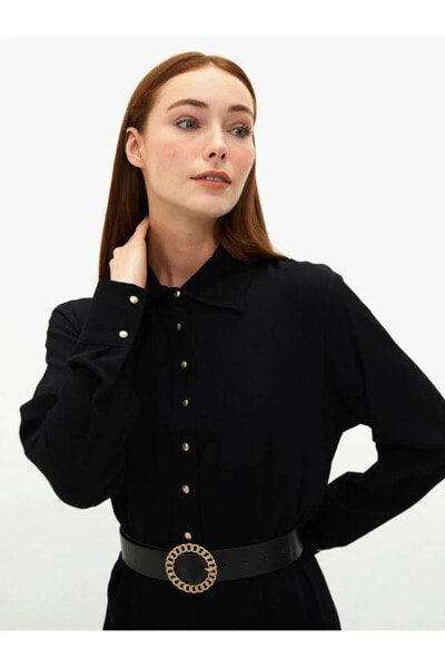 LCW CLASSIC Gömlek Yaka Bel Kuşaklı Uzun Kollu Viskon Kadın Elbise