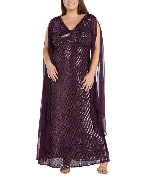 Plus Size Sequined Cape Gown