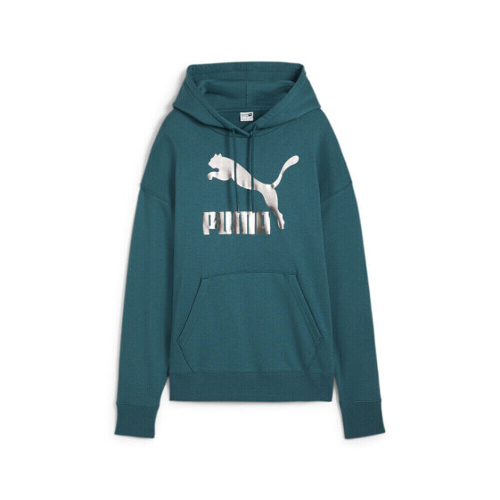 Puma Classics Shiny Logo Pullover Hoodie Womens Green Casual Outerwear 62559522