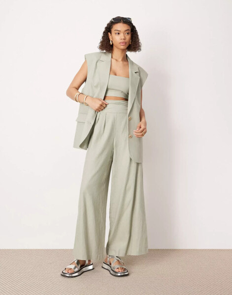 ASOS EDITION ruched waistband super wide leg tailored trouser co-ord in dusky green