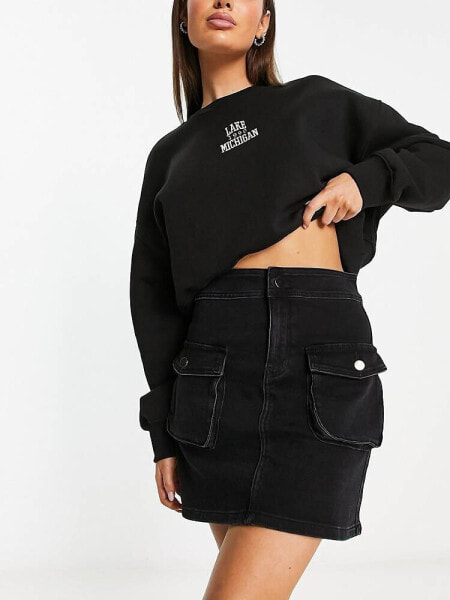 Urban Revivo mini denim cargo skirt in black