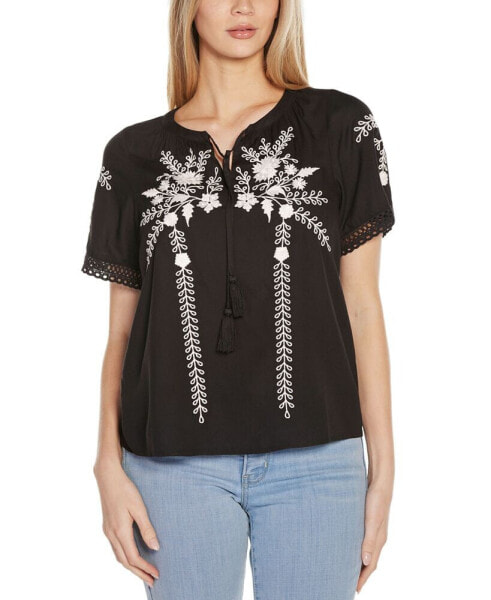 Women's Embroidered Tie-Neck Peasant Top