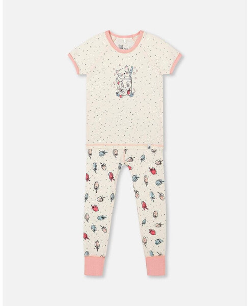 Girl Organic Cotton Two Piece Pajama Set Off White Printed Strawberry - Toddler|Child