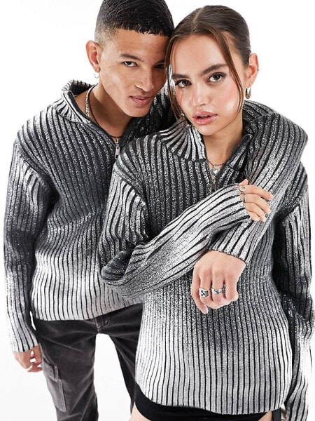 COLLUSION Unisex oversized chunky metallic zip-through jumper in silver