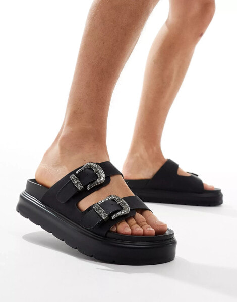 Bershka double strap buckle detail sandal in black