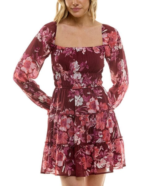 Juniors' Floral Print Blouson-Sleeve Fit & Flare Dress