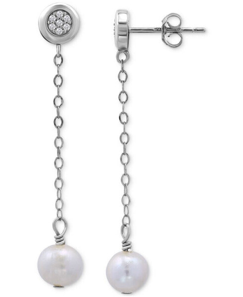 Cultured Freshwater Pearl (7mm) & Cubic Zirconia Chain Drop Earrings in 18k Gold-Plated Sterling Silver (or Sterling Silver), Created for Macy's