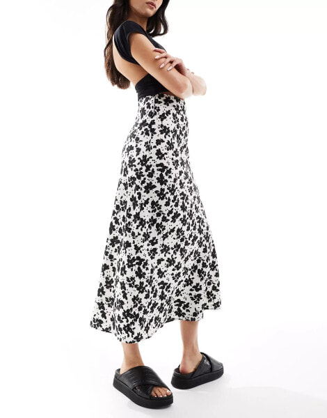 Wednesday's Girl floral print bias cut midaxi skirt in cream and black